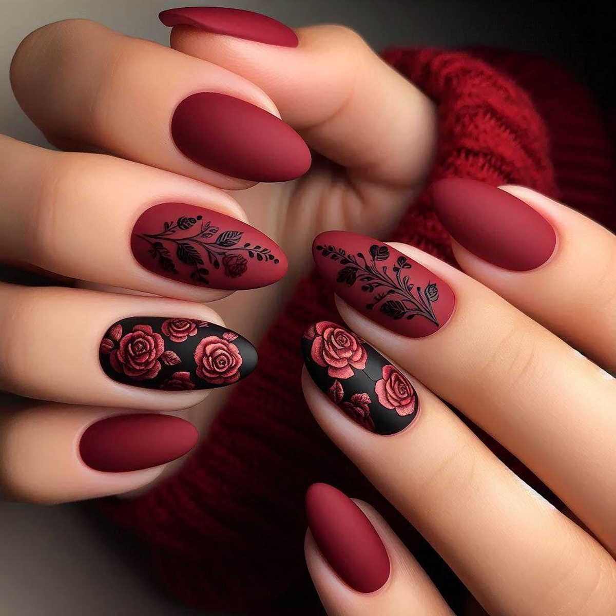 Nail Art Red - 24 pieces of long almond-shaped pure