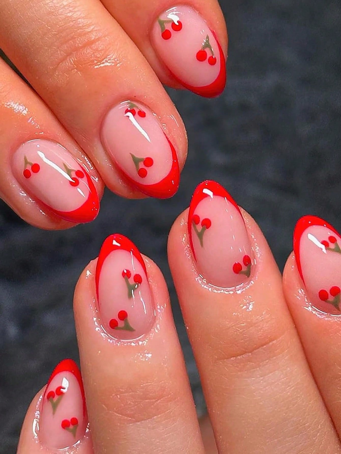 Nail Art Red - French Sakura Press On Nails 24pcs,