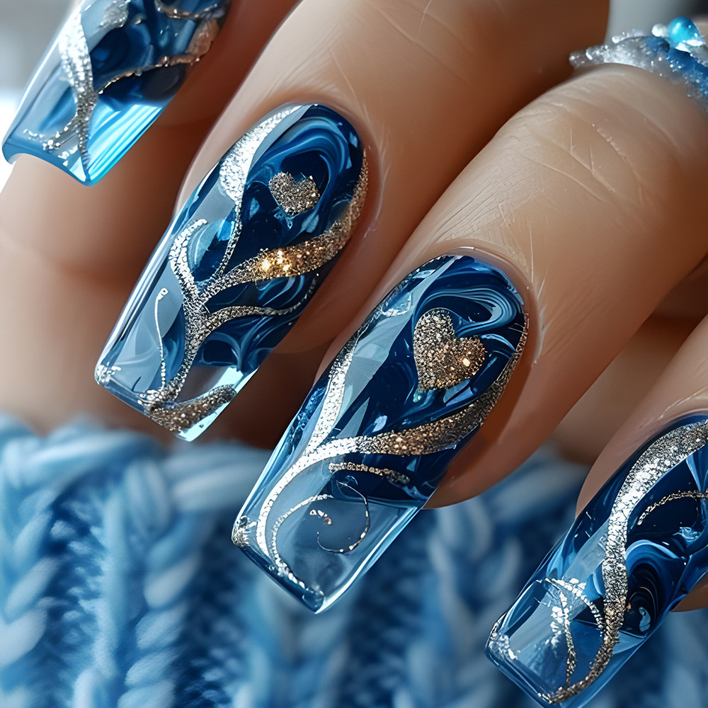 Nail Art Emerald - Gold Curve Sea Wave Press On