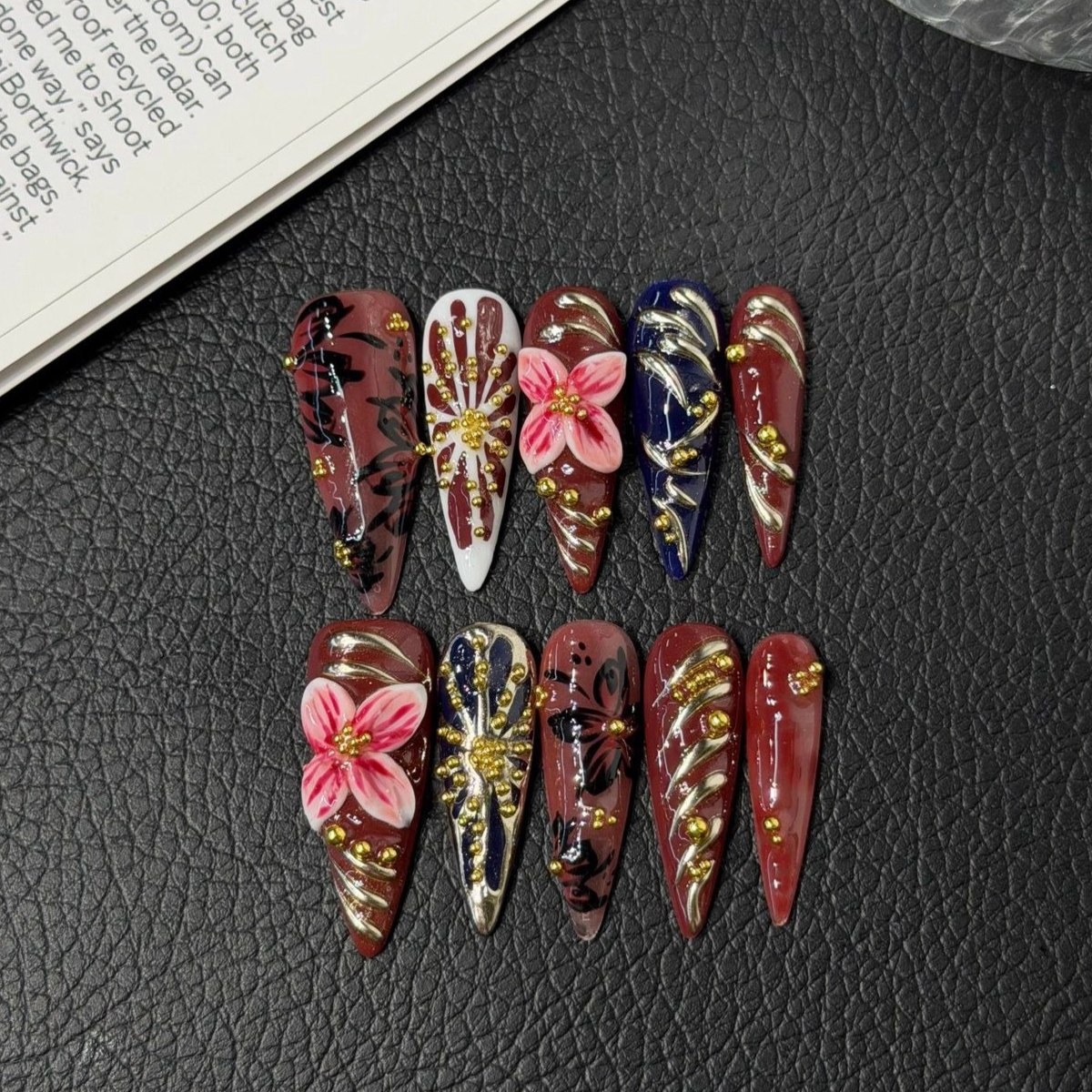 Nail Art Red - 10Pcs Long Stiletto Wine Red Heart