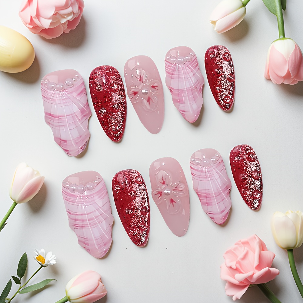 10pcs Medium Almond Handmade P - Nail Art Red incelemesi ve fiyatı